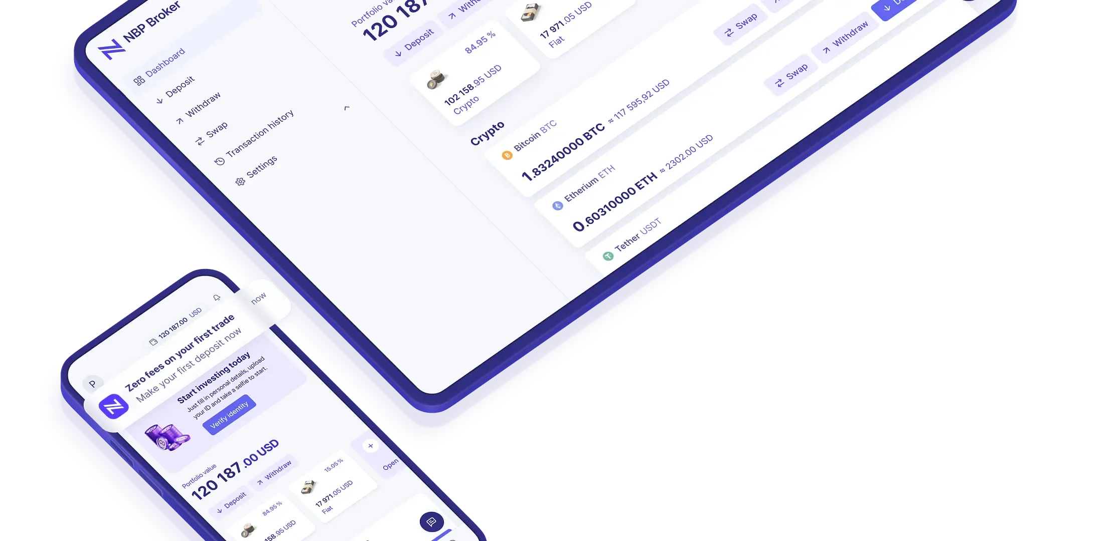 Trading platform interface on a tablet and phone